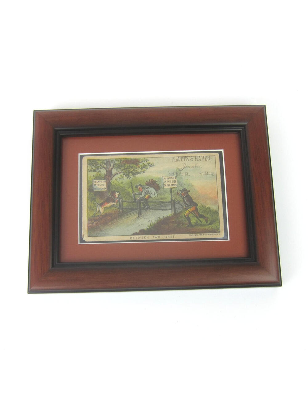 Currier & Ives Between Two Fires Comic Trade Card Print Hunter Dog Antique 1879